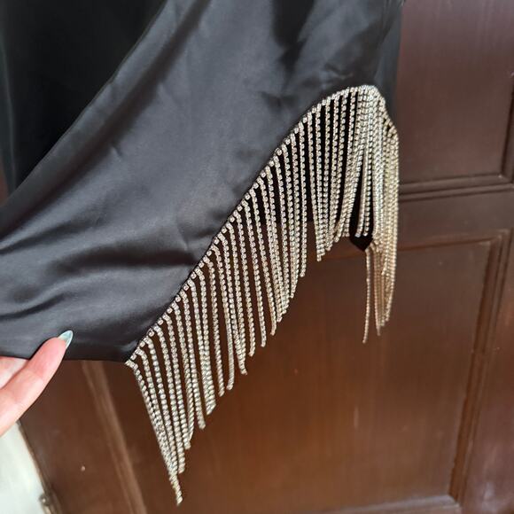 FASHION NOVA Black Augustine Satin Surplice Mini Dress with Jewel Fringe 2XL - Picture 5 of 9